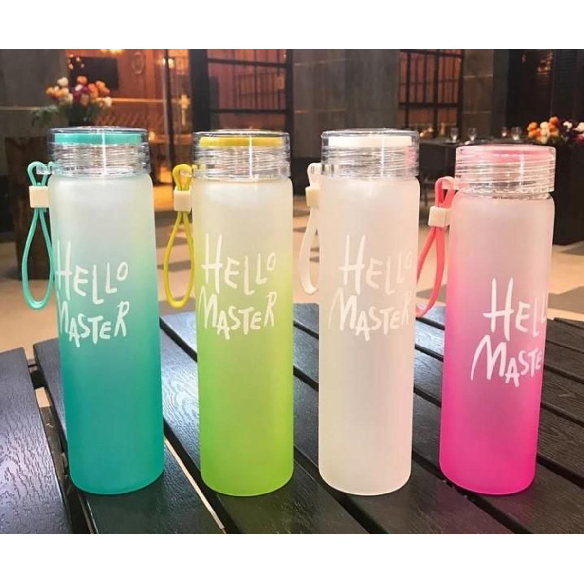 Hello Master" Frosted Glass Water Bottle | Leakproof & Eco-Friendly Drink Bottle – 500ml Reusable BPA-Free Glass Bottle with Silicone Sleeve