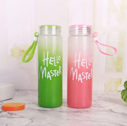 Hello Master" Frosted Glass Water Bottle | Leakproof & Eco-Friendly Drink Bottle – 500ml Reusable BPA-Free Glass Bottle with Silicone Sleeve