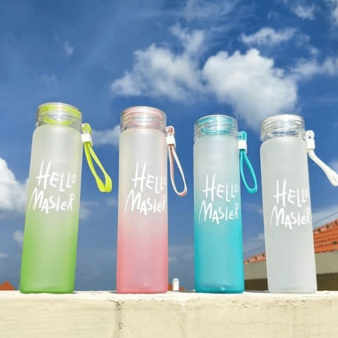 Hello Master" Frosted Glass Water Bottle | Leakproof & Eco-Friendly Drink Bottle – 500ml Reusable BPA-Free Glass Bottle with Silicone Sleeve