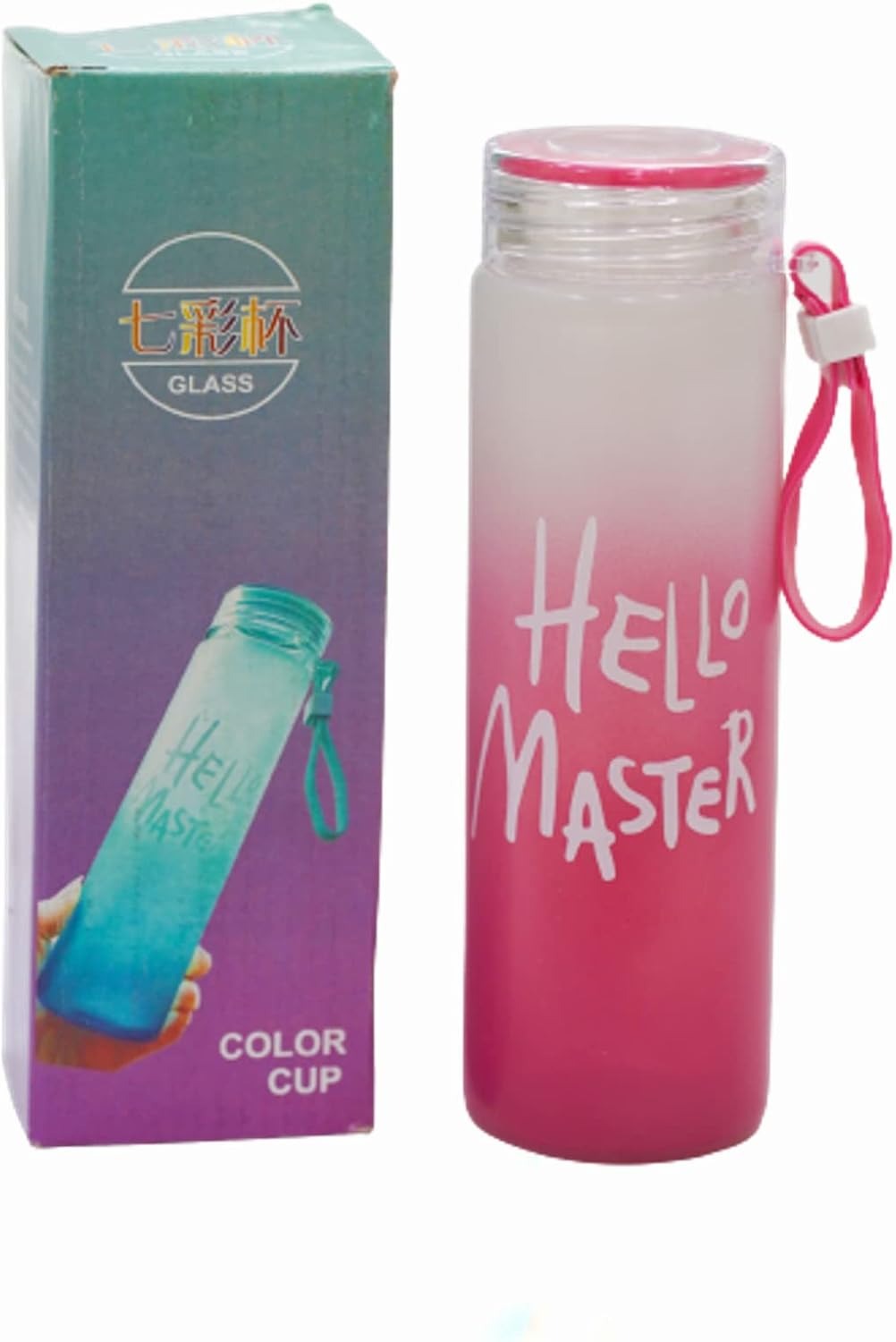 Hello Master" Frosted Glass Water Bottle | Leakproof & Eco-Friendly Drink Bottle – 500ml Reusable BPA-Free Glass Bottle with Silicone Sleeve