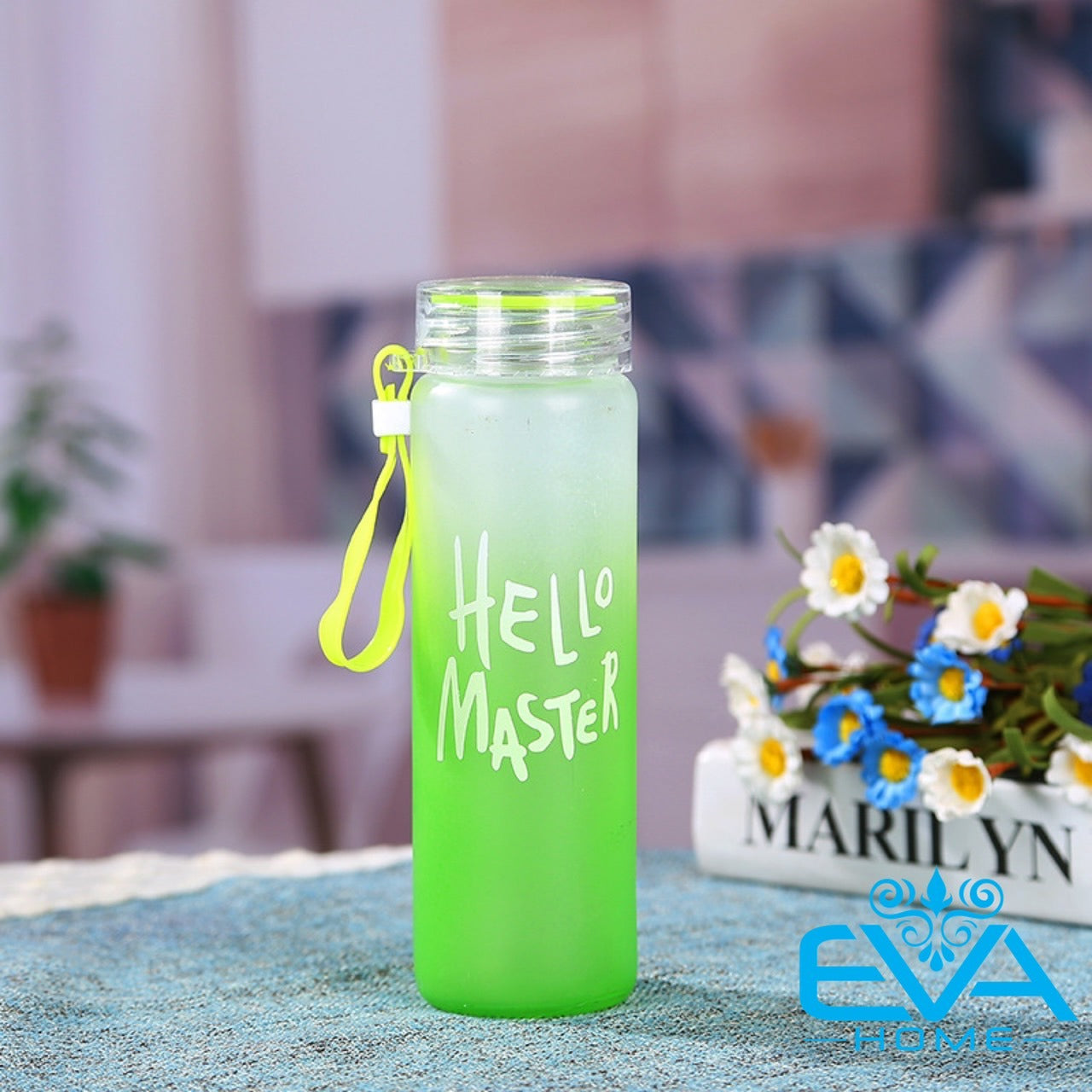 Hello Master" Frosted Glass Water Bottle | Leakproof & Eco-Friendly Drink Bottle – 500ml Reusable BPA-Free Glass Bottle with Silicone Sleeve