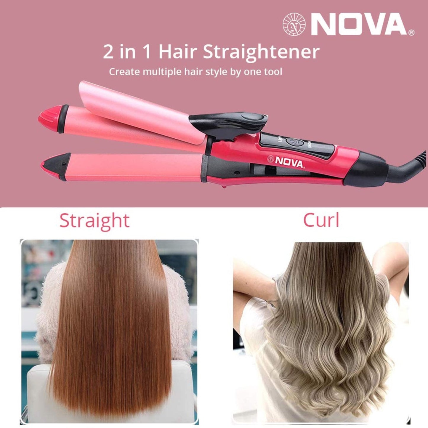 2 in 1 NOVA NHC-2009 Hair Curler & Straightener | Professional Styling Tool for Smooth, Shiny & Frizz-Free Hair – Dual Function Beauty Device